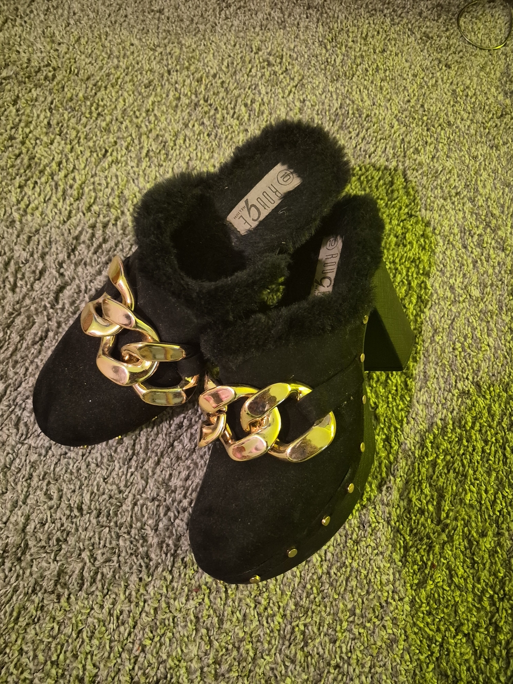 Black Faux Fur Mule with Bold Gold Chain Accent